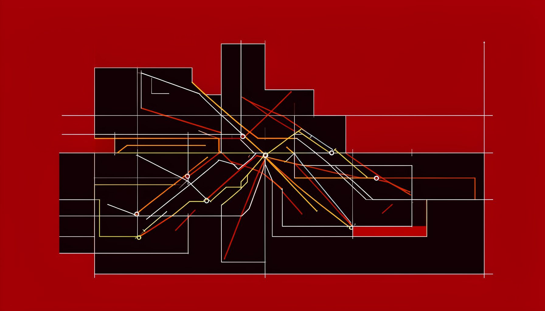 Technische Blaupause eines Datenflussdiagramms, dunkle Basis mit orangefarbenen und goldenen Akzentlinien, dynamisch und präzise