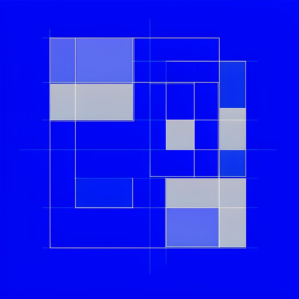 Soft grey and blue abstract geometric blueprint sketch with thin blue lines and pale rectangle forms, suggesting an editorial layout template