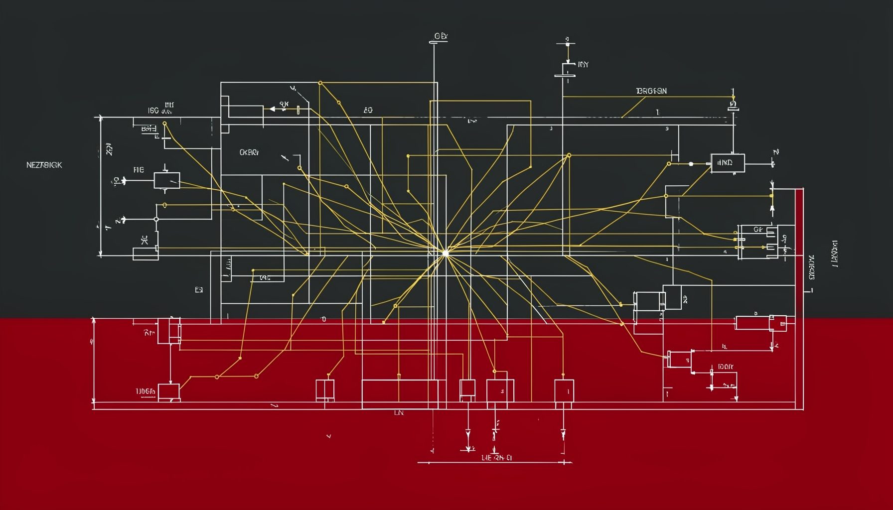 Technische Blaupause eines Netzwerkdiagramms, dunkelgrauer Hintergrund mit goldenen Verbindungslinien, strukturiert und klar